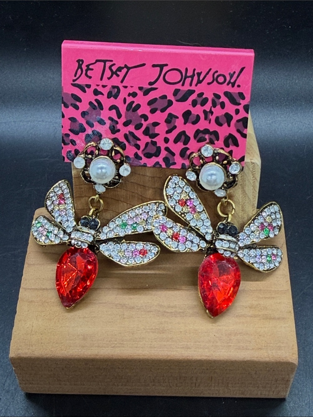 Betsey Johnson Insect Dragonfly Rhinestone Red Pearl Dangle Oversized Earrings